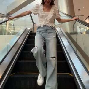 White Ruffle Button-down Blouse Top V-neck